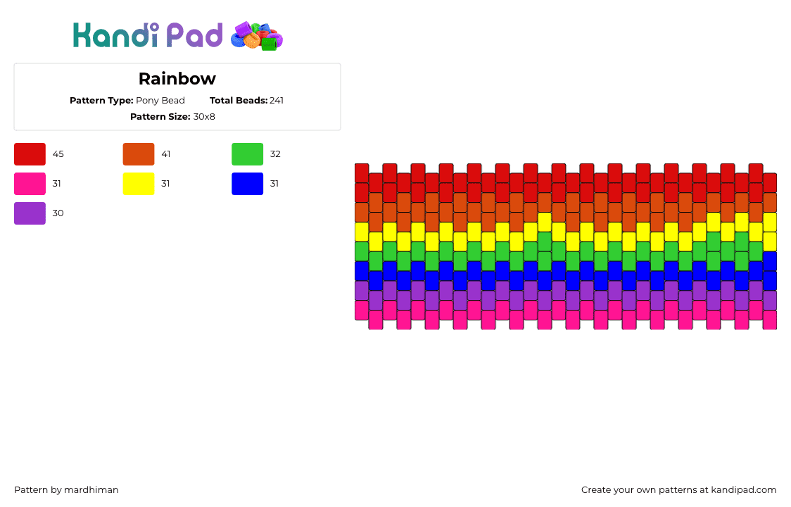 Rainbow - Pony Bead Pattern by mardhiman on Kandi Pad - rainbow,horizontal,stripes,cuff,red