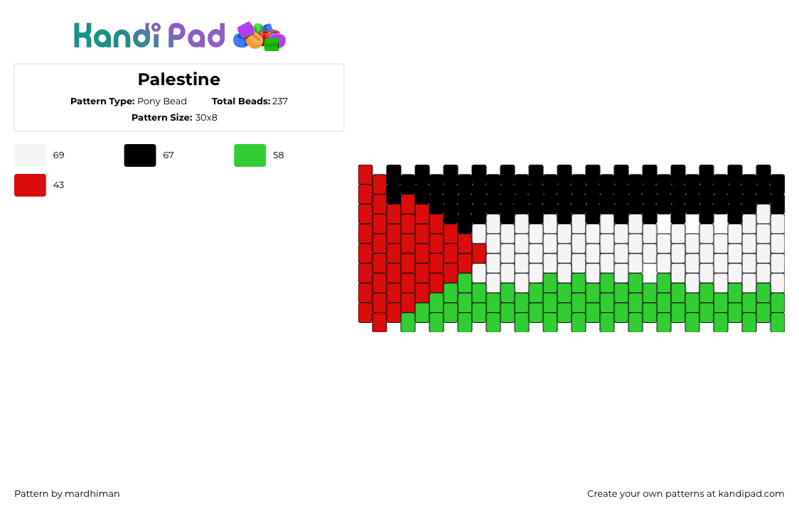 Palestine - Pony Bead Pattern by mardhiman on Kandi Pad - palestine,flag,country,support,cuff,red,green,white,black