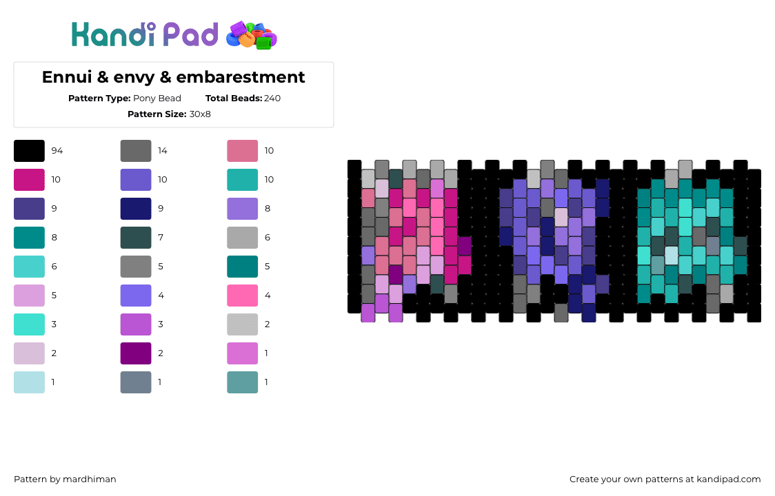 Ennui & envy & embarestment - Pony Bead Pattern by mardhiman on Kandi Pad - ennui,envy,embarrassment,inside out,colorful,disney,movie,dark,cuff,black,pink,purple,teal