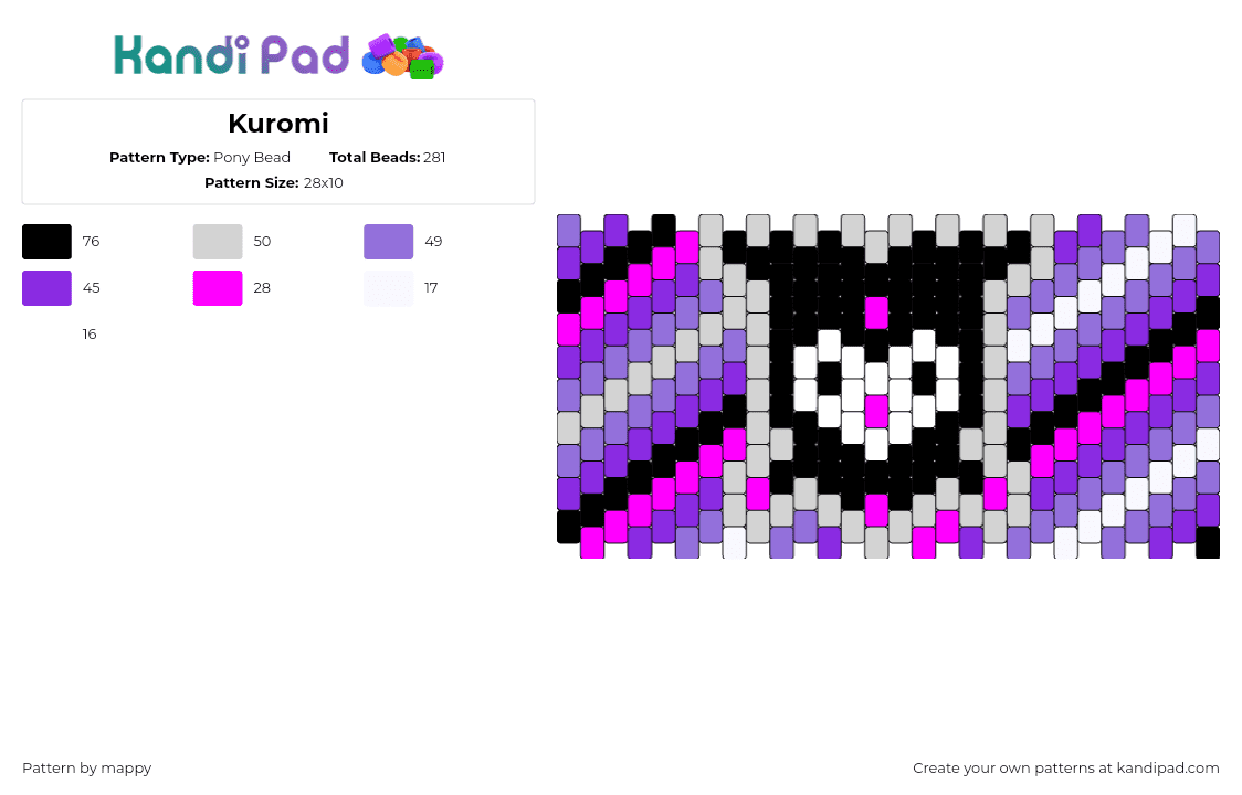 Kuromi - Pony Bead Pattern by mappy on Kandi Pad - kuromi,diagonal,stripes,sanrio,head,cuff,black,purple