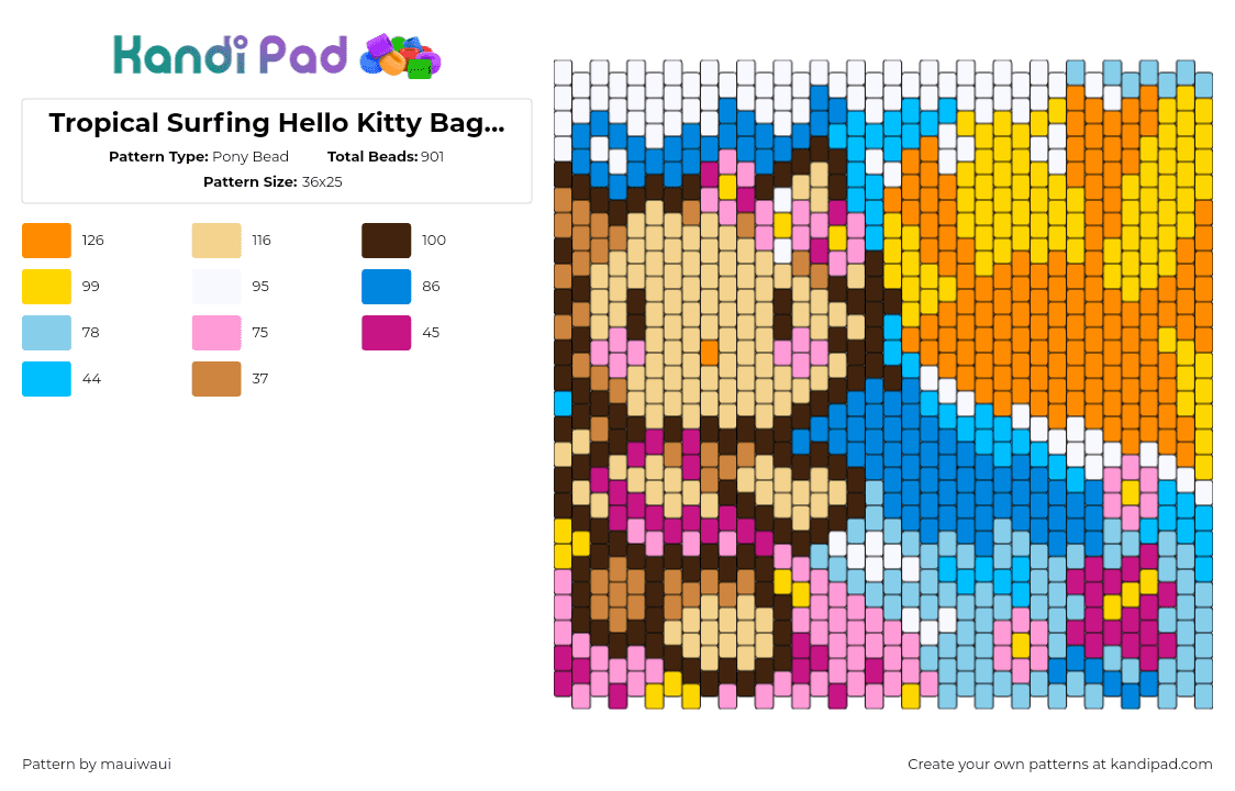 Tropical Surfing Hello Kitty Bag Front - Pony Bead Pattern by mauiwaui on Kandi Pad - hello kitty,surf,sanrio,tropical,beach,wave,sun,kawaii,panel,bag,tan,pink,orange