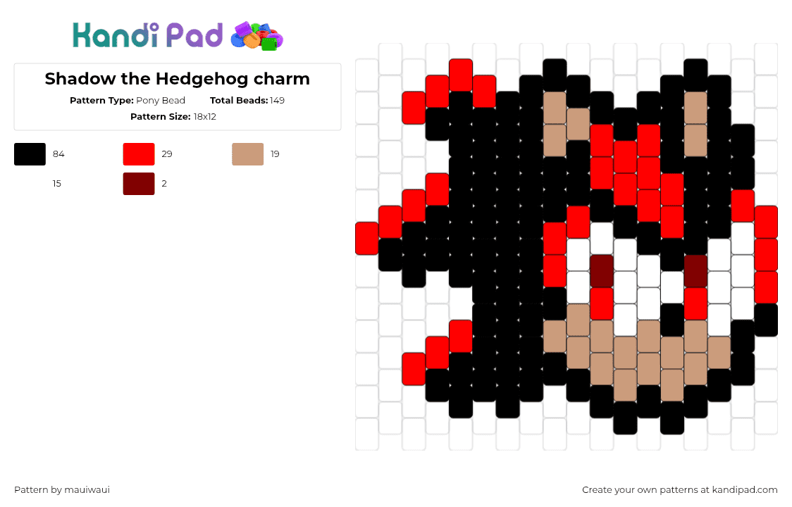 Shadow the Hedgehog charm - Pony Bead Pattern by mauiwaui on Kandi Pad - shadow,sonic the hedgehog,character,charm,head,sega,video game,black,red,tan