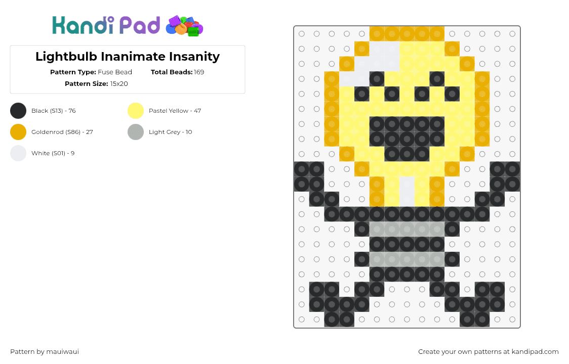 Lightbulb Inanimate Insanity - Fuse Bead Pattern by mauiwaui on Kandi Pad - lightbulb,inanimate insanity,character,animation,tv show,happy,black,yellow