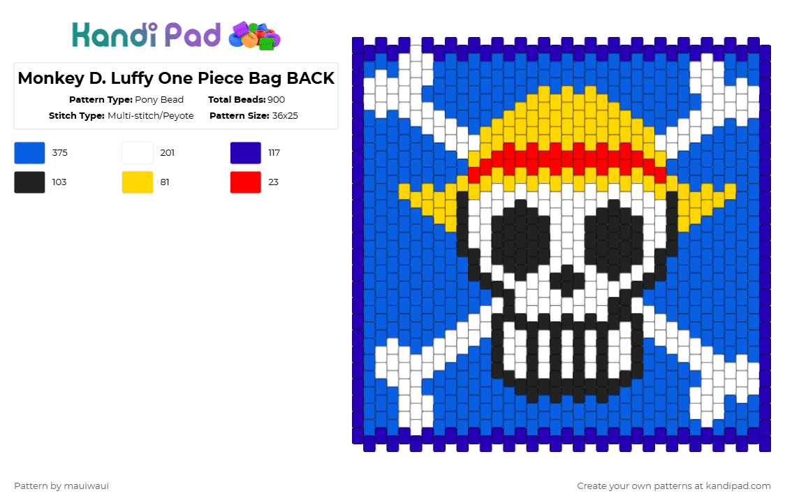 Monkey D. Luffy One Piece Bag BACK - Pony Bead Pattern by mauiwaui on Kandi Pad - blue
