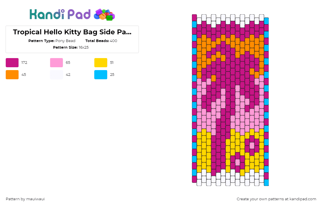 Tropical Hello Kitty Bag Side Panel 2 - Pony Bead Pattern by mauiwaui on Kandi Pad - palm tree,tropical,beach,bag,panel,pink,yellow,blue