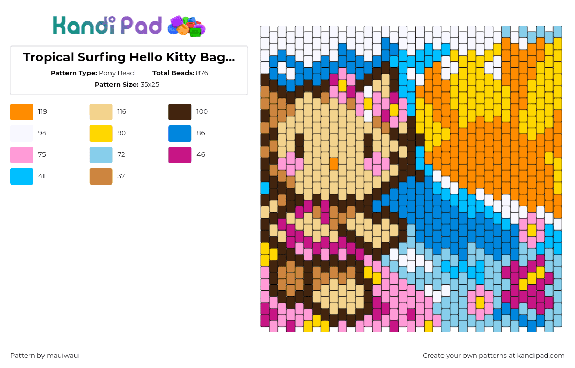 Tropical Surfing Hello Kitty Bag Front - Pony Bead Pattern by mauiwaui on Kandi Pad - hello kitty,surf,sanrio,tropical,beach,wave,sun,kawaii,panel,bag,tan,pink,orange