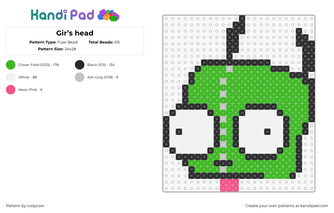 Gir’s head - Fuse Bead Pattern by codycain on Kandi Pad - gir,invader zim,head,character,derpy,cartoon,tv show,green,white