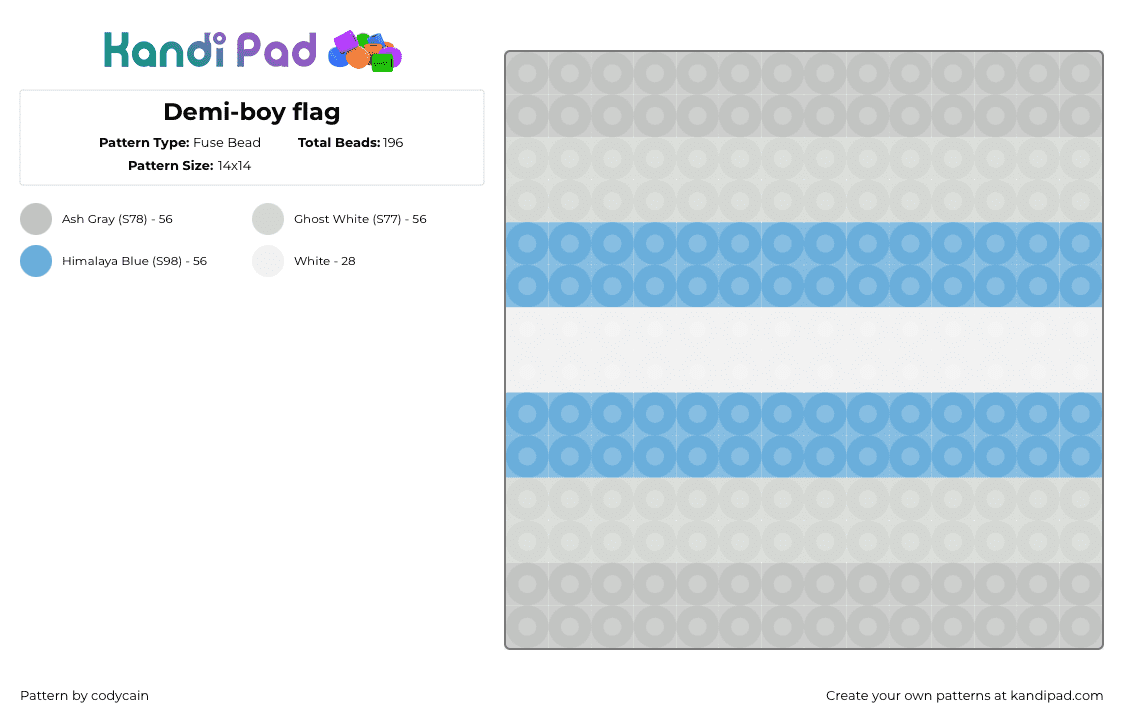 Demi-boy flag - Fuse Bead Pattern by codycain on Kandi Pad - demiboy,pride,flag,panel,light blue,gray