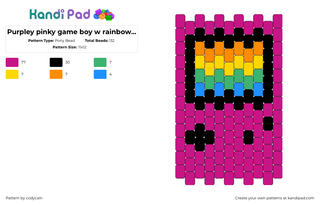 Purpley pinky game boy w rainbow screen - Pony Bead Pattern by codycain on Kandi Pad - gameboy,nintendo,console,retro,nostalgia,video game,colorful,pink