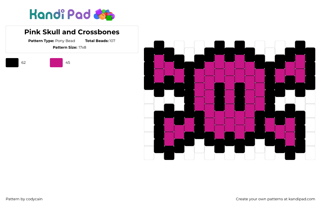 Pink Skull and Crossbones - Pony Bead Pattern by codycain on Kandi Pad - skull,crossbones,spooky,halloween,pink,black