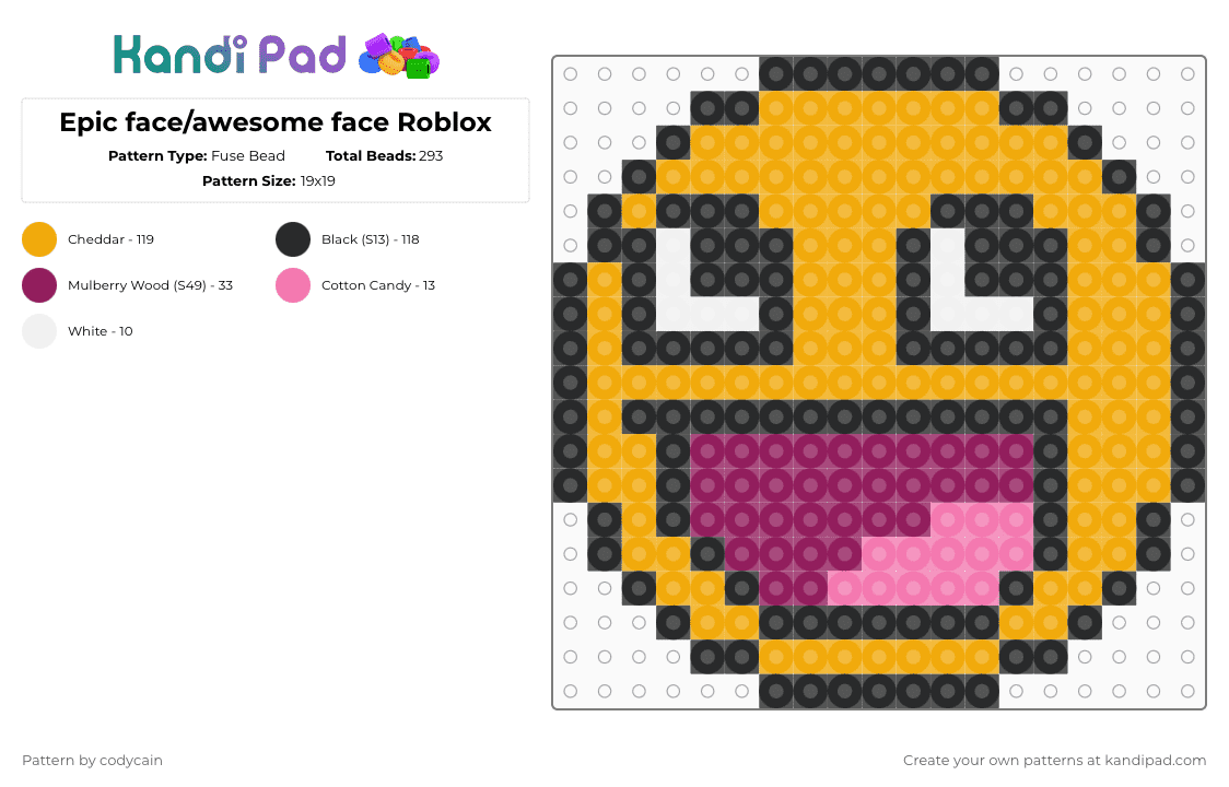 Epic face/awesome face Roblox - Fuse Bead Pattern by codycain on Kandi Pad - pink,orange,epic,awesome,face,scene,scenemo,simple,kewl,roblox