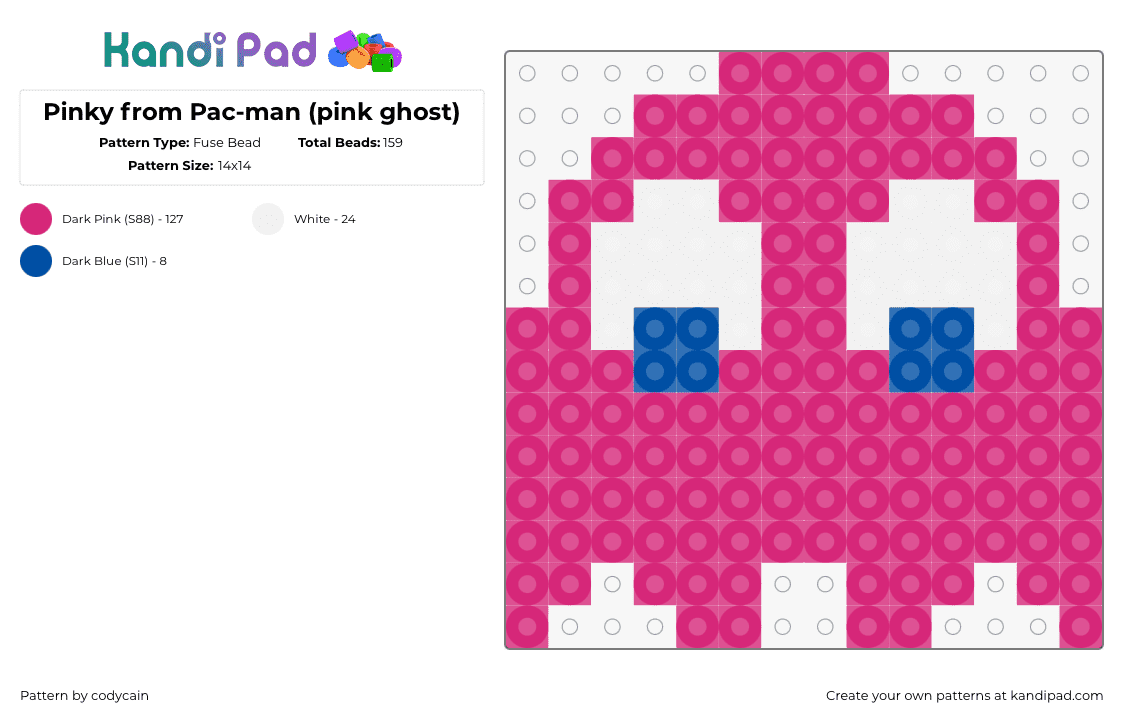 Pinky from Pac-man (pink ghost) - Fuse Bead Pattern by codycain on Kandi Pad - pinky,ghost,pacman,character,video game,arcade,retro,namco,pink