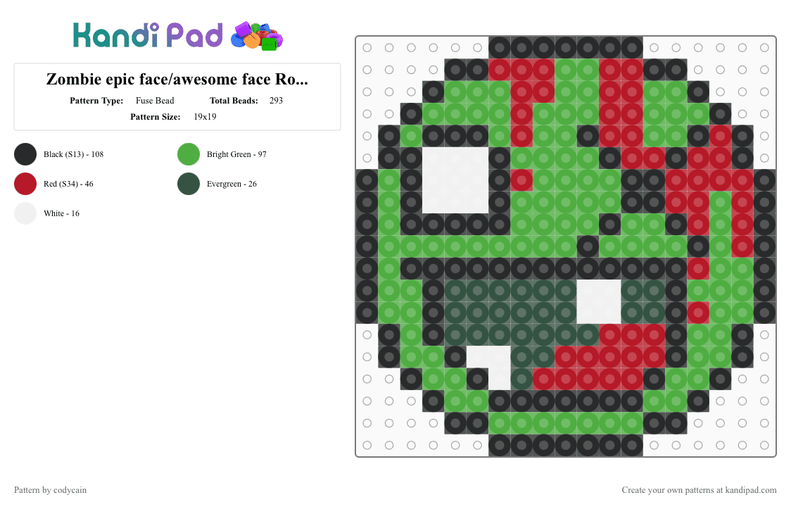 Zombie epic face/awesome face Roblox v1 - Fuse Bead Pattern by codycain on Kandi Pad - green,zombie,horror,monster,epic,awesome,face,emoji,roblox