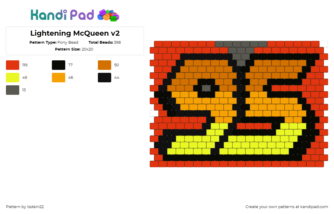 Lightening McQueen v2 - Pony Bead Pattern by lsstein22 on Kandi Pad - lightning mcqueen,95,number,cars,disney,pixar,movie,orange,yellow,red