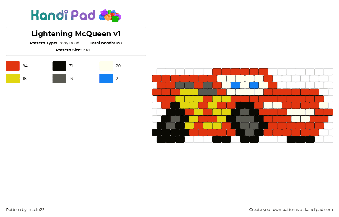 Lightening McQueen v1 - Pony Bead Pattern by lsstein22 on Kandi Pad - lightning mcqueen,cars,racecar,pixar,disney,character,movie,red