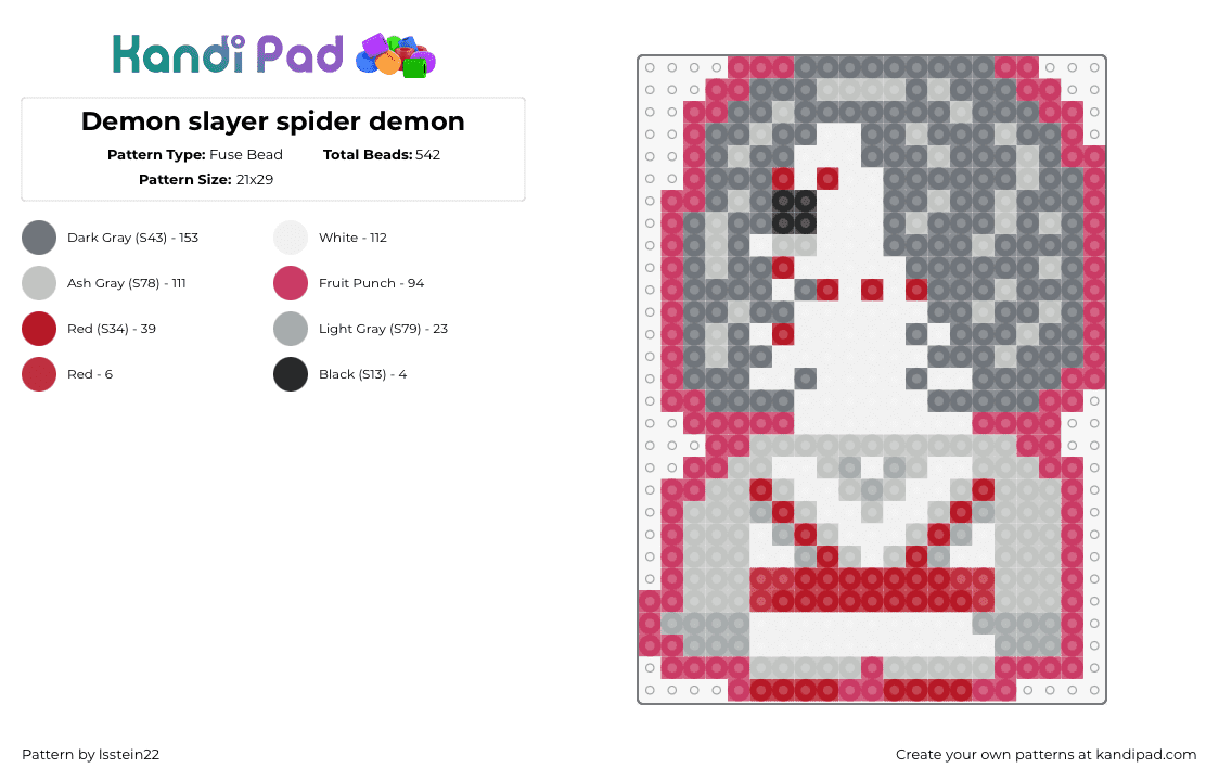 Demon slayer spider demon - Fuse Bead Pattern by lsstein22 on Kandi Pad - spider demon,demon slayer,anime,tv show,gray,white,pink