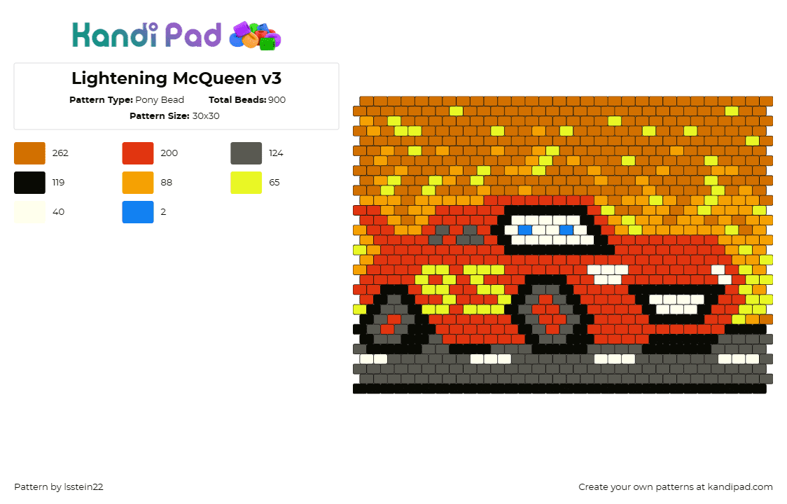 Lightening McQueen v3 - Pony Bead Pattern by lsstein22 on Kandi Pad - lightning mcqueen,cars,racecar,pixar,disney,movie,character,vehicle,fiery,red,or