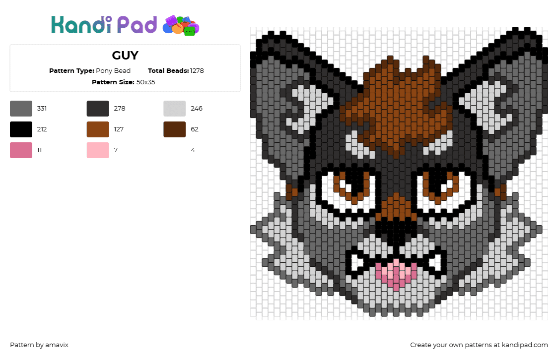 GUY - Pony Bead Pattern by amavix on Kandi Pad - fursona,furry,animal,head,character,gray,brown