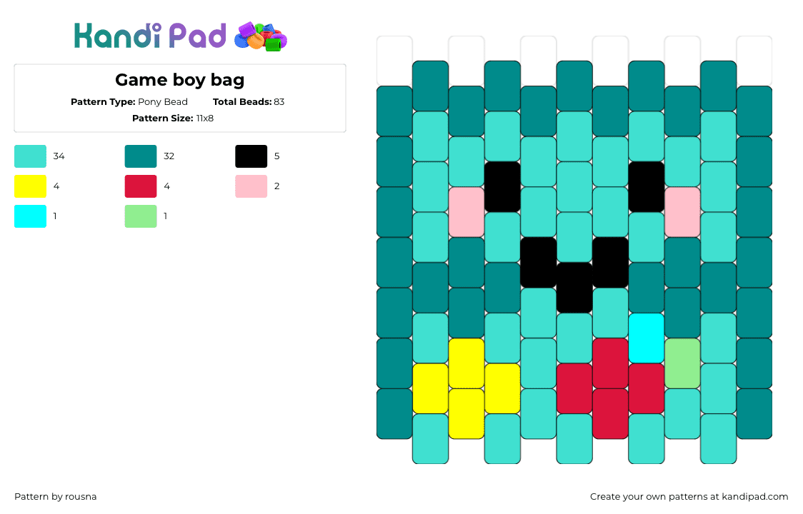 Game boy bag - Pony Bead Pattern by rousna on Kandi Pad - bmo,gameboy,bag,panel,adventure time,nintendo,teal,red,yellow