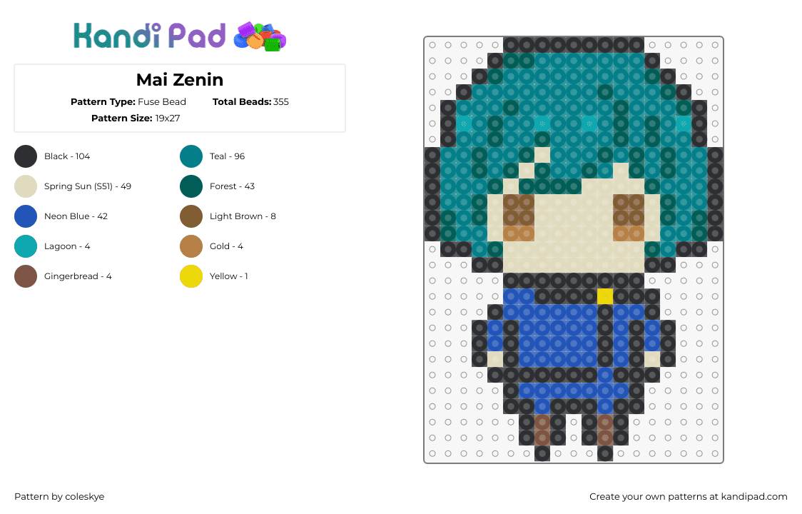 Mai Zenin - Fuse Bead Pattern by coleskye on Kandi Pad - mai zenin,jujutsu kaisen,manga,anime,tv show,character,chibi,teal,blue