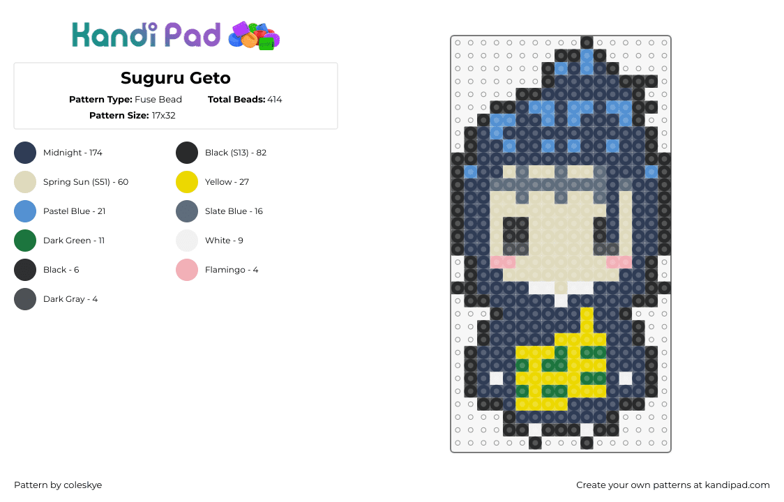 Suguru Geto - Fuse Bead Pattern by coleskye on Kandi Pad - suguru geto,jujutsu kaisen,character,chibi,manga,anime,yellow,blue