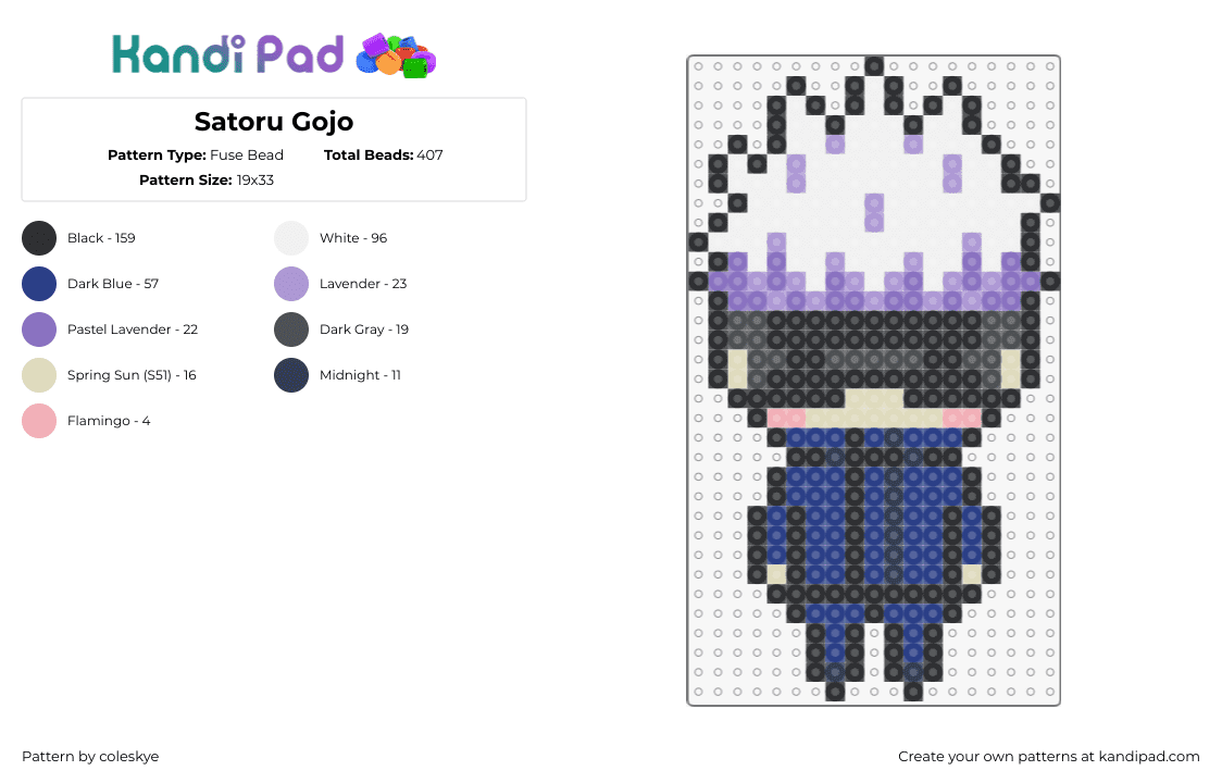 Satoru Gojo - Fuse Bead Pattern by coleskye on Kandi Pad - satoru gojo,jujutsu kaisen,manga,anime,character,blindfold,purple