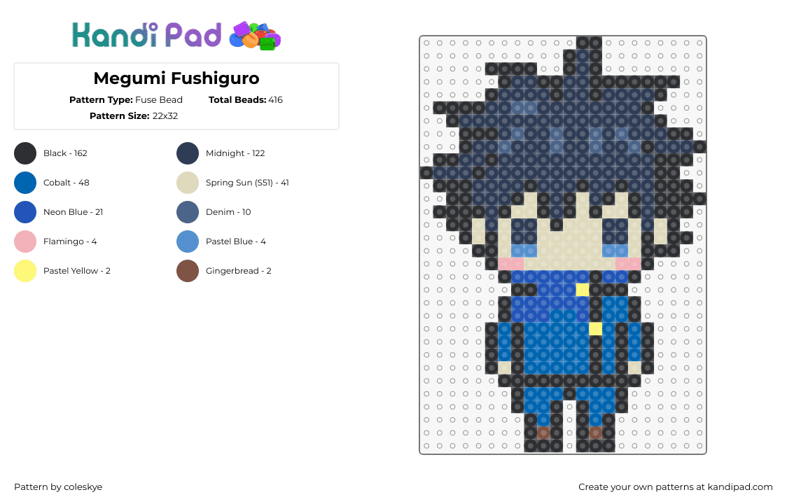 Megumi Fushiguro - Fuse Bead Pattern by coleskye on Kandi Pad - megumi fushiguro,jujutsu kaisen,anime,manga,character,chibi,blue,tan