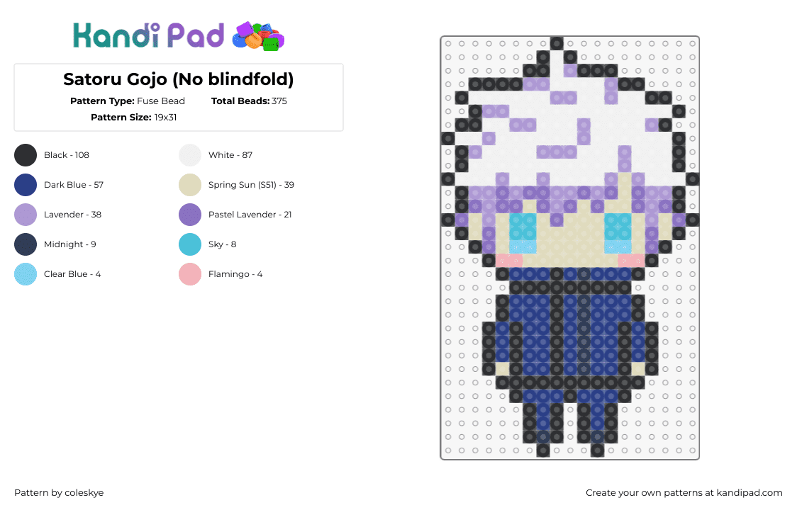 Satoru Gojo (No blindfold) - Fuse Bead Pattern by coleskye on Kandi Pad - satoru gojo,jujutsu kaisen,anime,manga,character,blue,purple