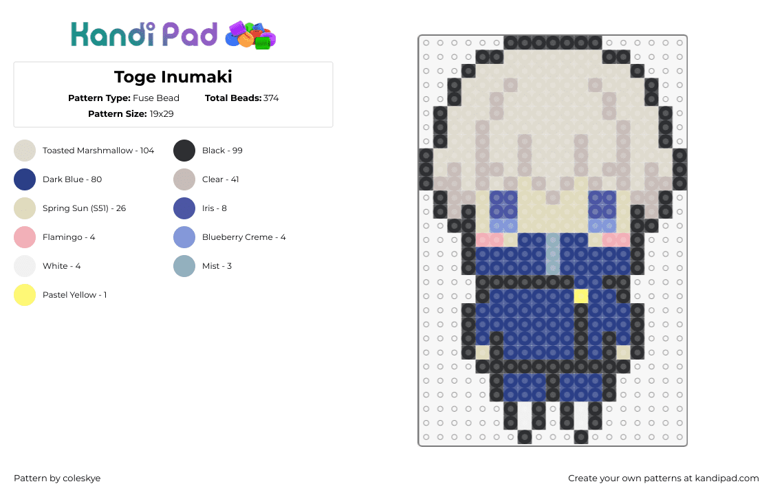 Toge Inumaki - Fuse Bead Pattern by coleskye on Kandi Pad - toge inumaki,jujutsu kaisen,character,chibi,manga,anime,beige,blue