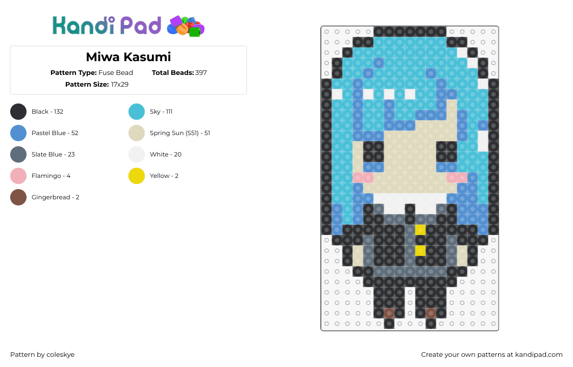 Miwa Kasumi - Fuse Bead Pattern by coleskye on Kandi Pad - kasumi miwa,jujutsu kaisen,manga,anime,tv show,character,chibi,teal,light blue,gray