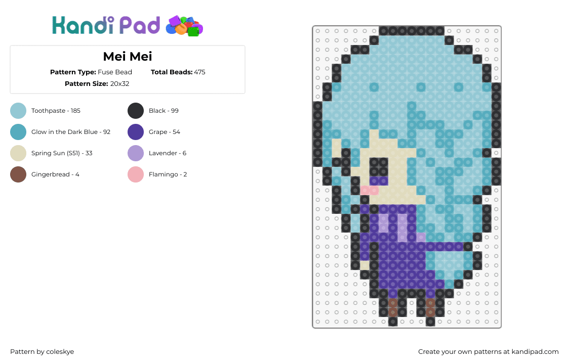 Mei Mei - Fuse Bead Pattern by coleskye on Kandi Pad - mei mei,jujutsu kaisen,anime,manga,character,teal,light blue,purple