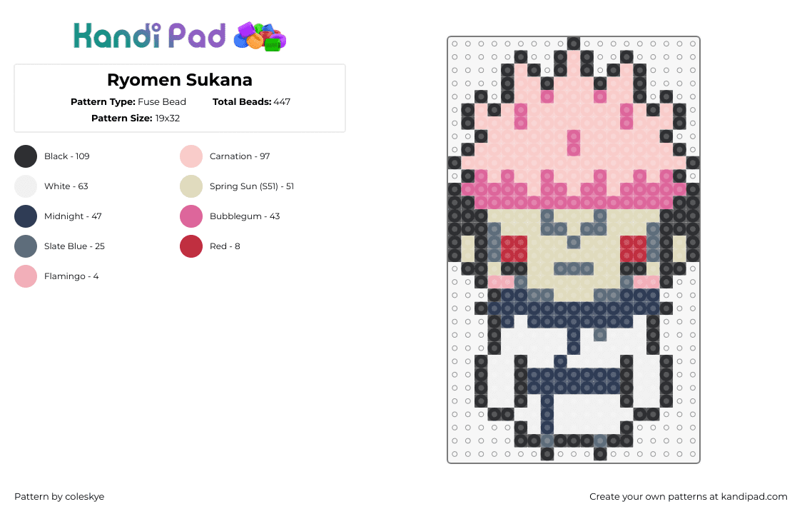 Ryomen Sukana - Fuse Bead Pattern by coleskye on Kandi Pad - ryomen sukuna,jujutsu kaisen,character,chibi,anime,manga,pink,white