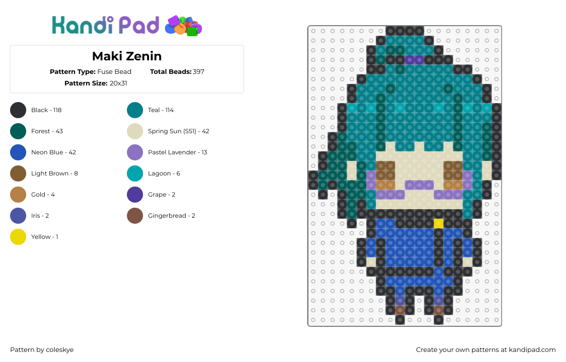 Maki Zenin - Fuse Bead Pattern by coleskye on Kandi Pad - maki zenin,jujutsu kaisen,manga,anime,tv show,character,chibi,teal,blue