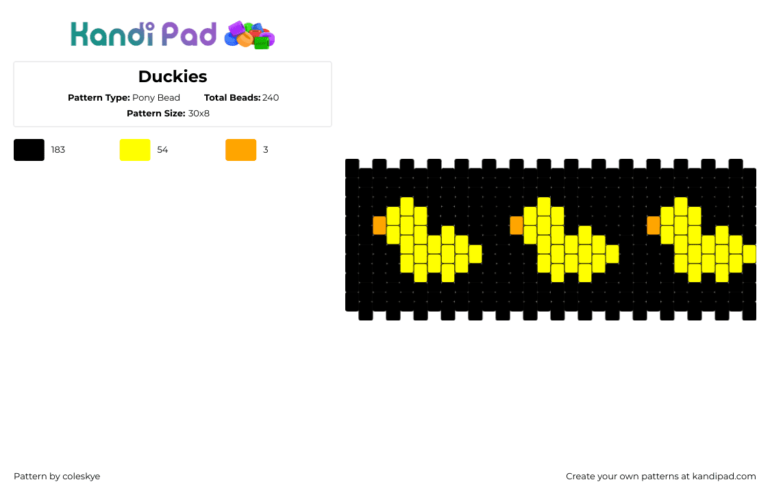 Duckies - Pony Bead Pattern by coleskye on Kandi Pad - ducks,birds,animals,repeating,cuff,dark,black,yellow