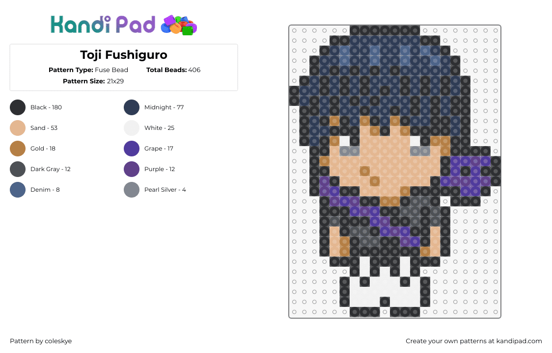 Toji Fushiguro - Fuse Bead Pattern by coleskye on Kandi Pad - toji fushiguro,jujutsu kaisen,anime,manga,character,chibi,blue,tan