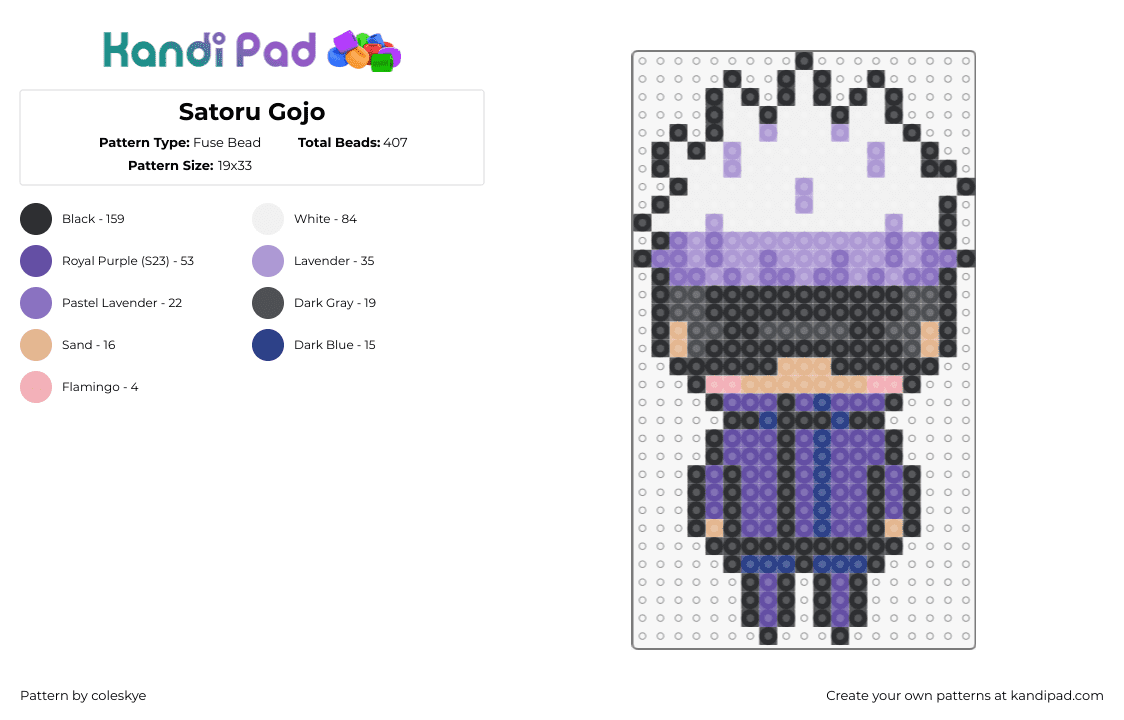 Satoru Gojo - Fuse Bead Pattern by coleskye on Kandi Pad - satoru gojo,jujutsu kaisen,anime,character,blindfold,purple