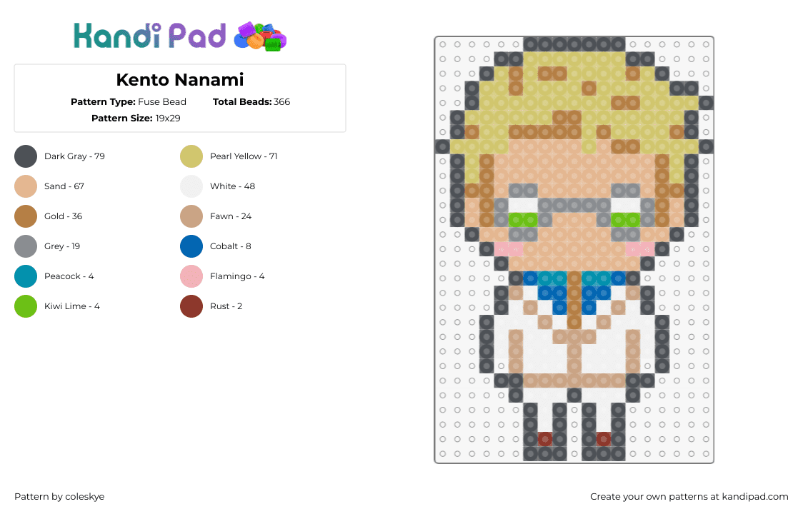 Kento Nanami - Fuse Bead Pattern by coleskye on Kandi Pad - kento nanami,jujutsu kaisen,character,chibi,manga,anime,blonde,tan,white