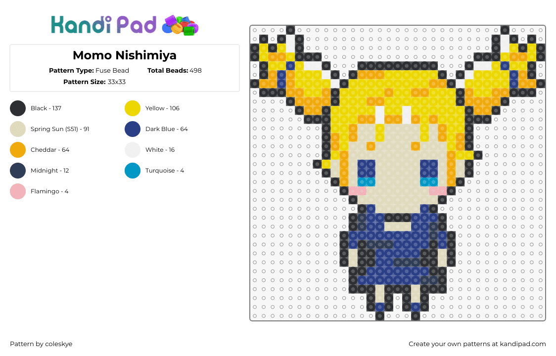 Momo Nishimiya - Fuse Bead Pattern by coleskye on Kandi Pad - momo nishimiya,jujutsu kaisen,chibi,anime,manga,character,blonde,pigtails,yellow,blue