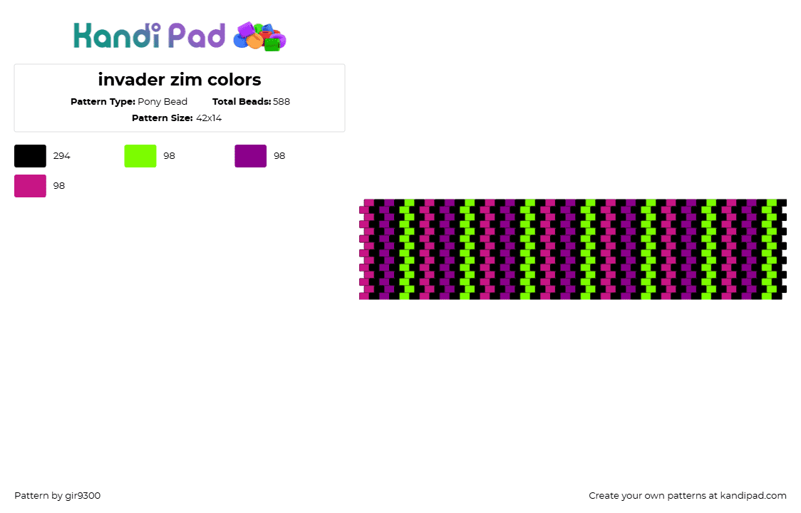 invader zim colors - Pony Bead Pattern by gir9300 on Kandi Pad - invader zim,vertical,stripes,cartoon,tv show,neon,cuff,green,purple