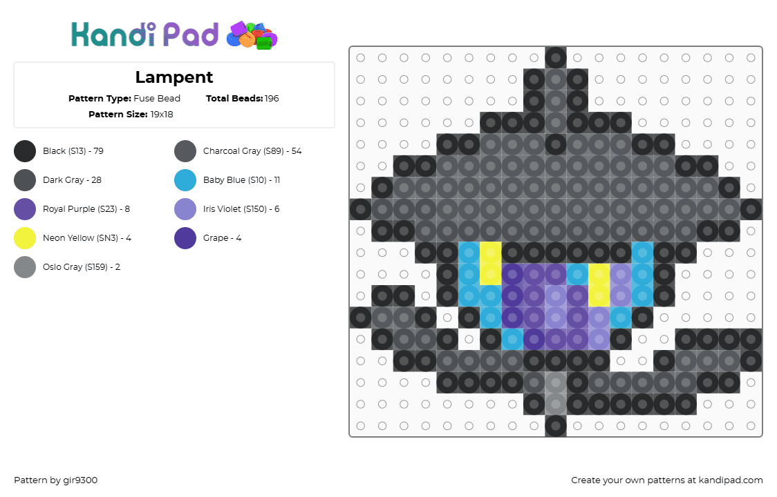 Lampent - Fuse Bead Pattern by gir9300 on Kandi Pad - lampent,pokemon,litwik,evolution,character,gaming,black,purple