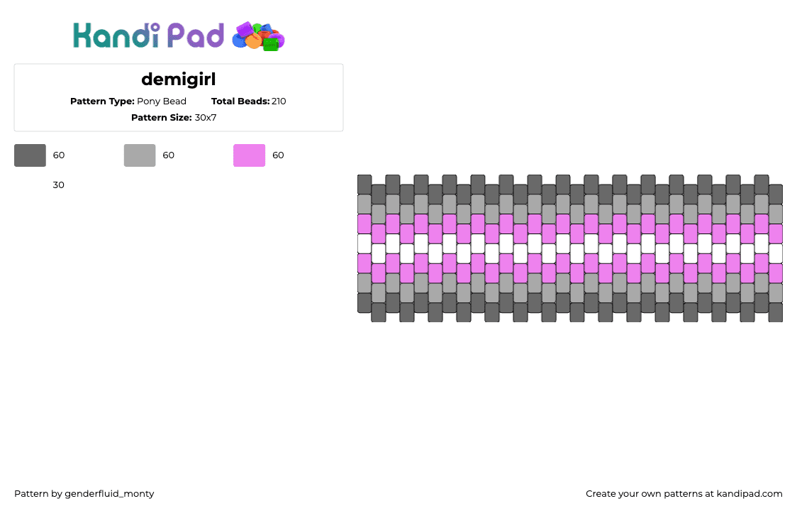 demigirl - Pony Bead Pattern by genderfluid_monty on Kandi Pad - demigirl,pride,cuff,horizontal,stripes,gray,pink