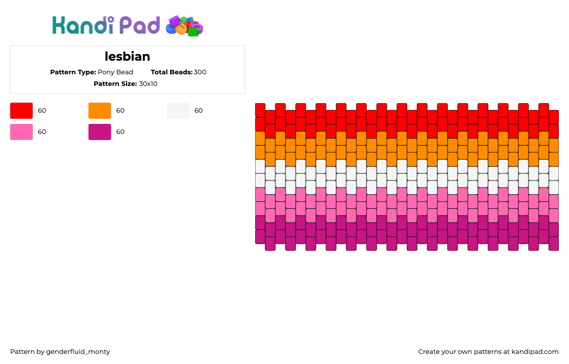 lesbian - Pony Bead Pattern by genderfluid_monty on Kandi Pad - lesbian,pride,cuff,horizontal,stripes,orange,pink