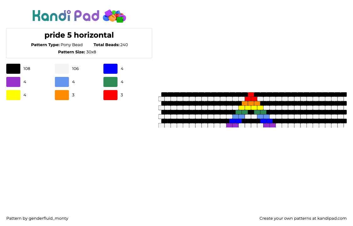 pride 5 horizontal - Pony Bead Pattern by genderfluid_monty on Kandi Pad - pride,horizontal,stripes,cuff,colorful,black,white