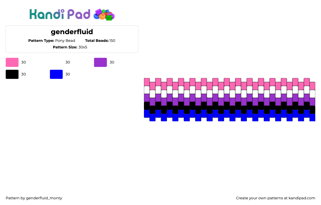 genderfluid - Pony Bead Pattern by genderfluid_monty on Kandi Pad - genderfluid,pride,cuff,horizontal,stripes,pink,purple,blue