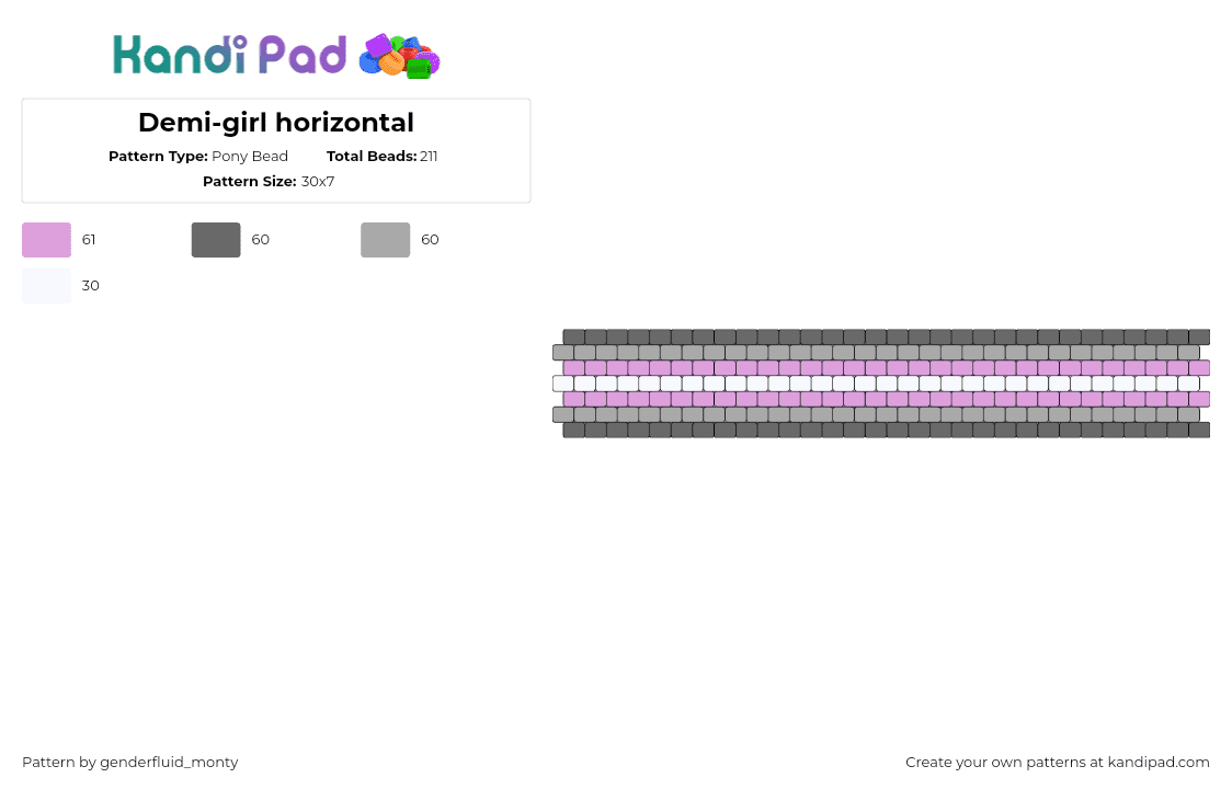 Demi-girl horizontal - Pony Bead Pattern by genderfluid_monty on Kandi Pad - demigirl,pride,stripes,cuff,pink,gray