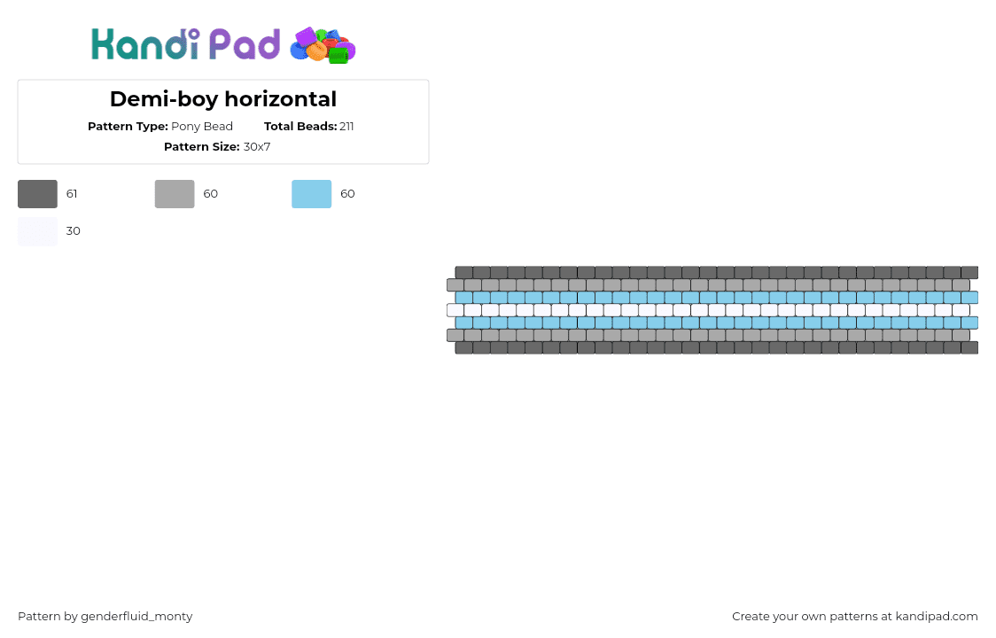 Demi-boy horizontal - Pony Bead Pattern by genderfluid_monty on Kandi Pad - demiboy,pride,bracelet,cuff,stripes,light blue,gray