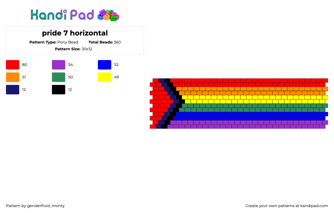 pride 7 horizontal - Pony Bead Pattern by genderfluid_monty on Kandi Pad - rainbow,pride,horizontal,stripes,cuff