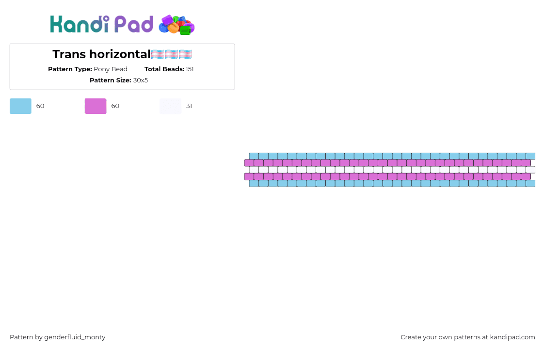 Trans horizontal🏳️‍⚧️🏳️‍⚧️🏳️‍⚧️ - Pony Bead Pattern by genderfluid_monty on Kandi Pad - trans,pride,bracelet,cuff,stripes,light blue,purple