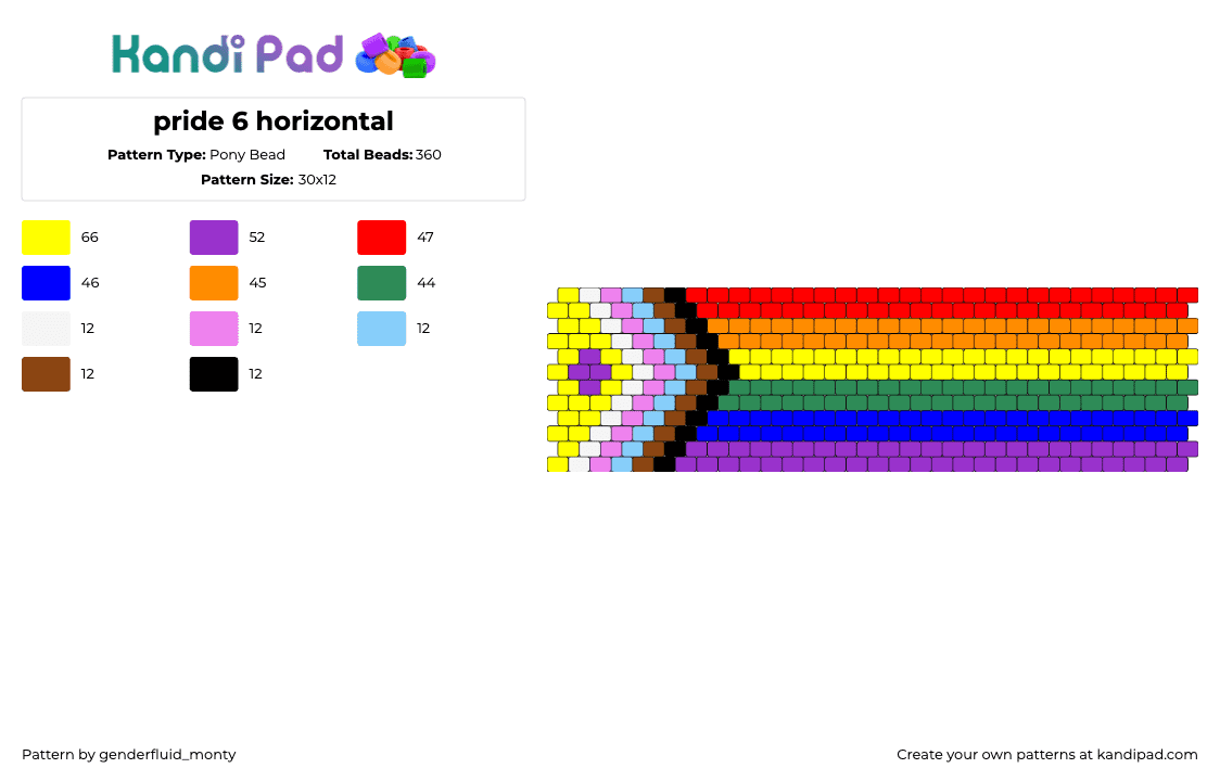 pride 6 horizontal - Pony Bead Pattern by genderfluid_monty on Kandi Pad - progress,pride,horizontal,stripes,cuff,rainbow