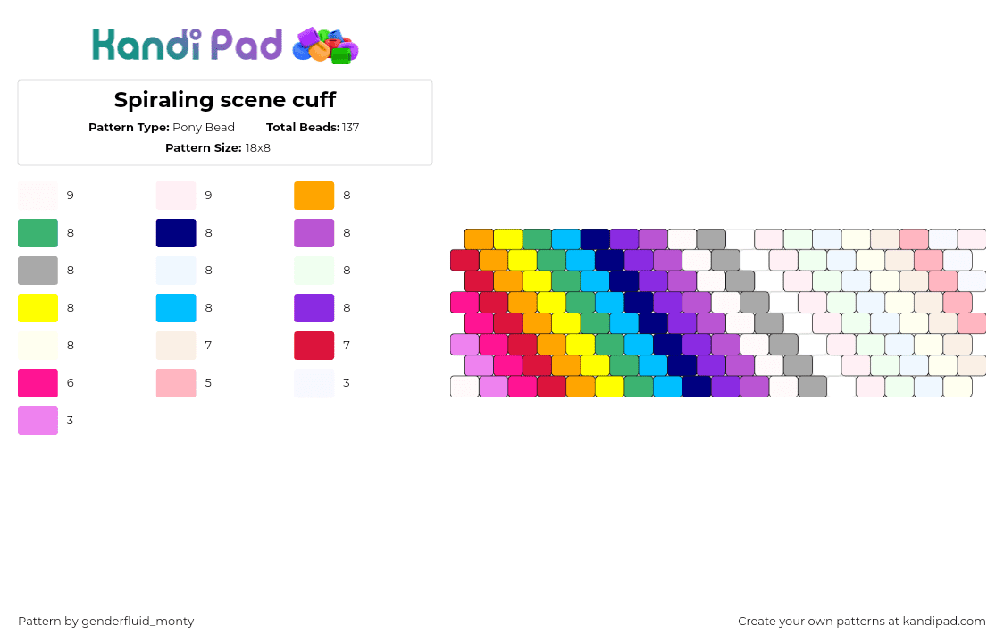 Spiraling scene cuff - Pony Bead Pattern by genderfluid_monty on Kandi Pad - colorful,diagonal,stripes,pastel,cuff,purple